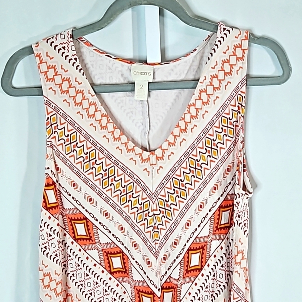 Chicos 2 VNeck Orange & White Paisley Hi/Low Dress Medium - Picture 3 of 9